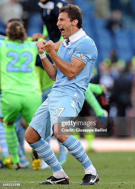 Lorik Cana of Lazio celebrates the vicory after the TIM cup final match between AS Roma v SS Lazio at Stadio Olimpico on May 26, 2013 in Rome, Italy.