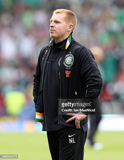 Celtic's manager Neil Lennon looks on during the William Hill Scottish Cup Final match between Celtic and Hibernian at Hampden Stadium on May 26,...