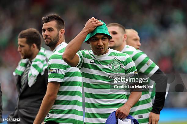 Emilio Izaguirre and Joe Ledley of Celtic look on after the William Hill Scottish Cup Final match between Celtic and Hibernian at Hampden Stadium on...