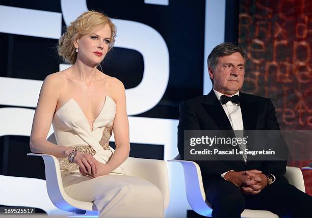 Jury members actress Nicole Kidman and actor Daniel Auteuil sit during the Closing Ceremony of the 66th Annual Cannes Film Festival at the Palais des...