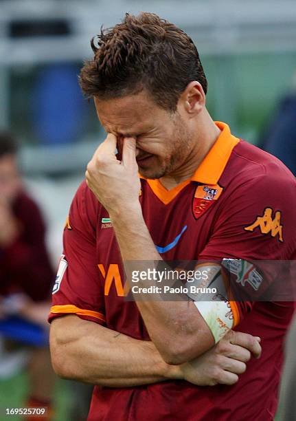 Francesco Totti of AS Roma reacts after losing the Tim cup final against SS Lazio at Stadio Olimpico on May 26, 2013 in Rome, Italy.