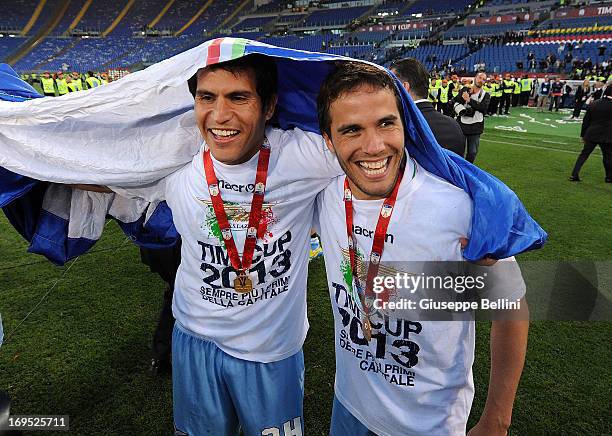 Cristian Ledesma and Alvaro Gonzales of Lazio celebrats the victory after the TIM cup final match between AS Roma v SS Lazio at Stadio Olimpico on...