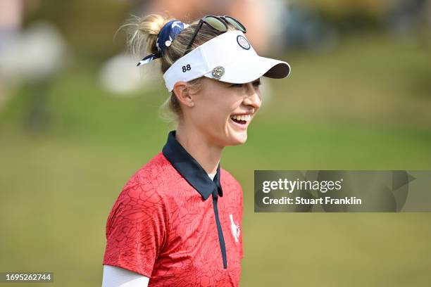 Nelly Korda of Team USA reacts on the 14th fairway during Day One of The Solheim Cup at Finca Cortesin Golf Club on September 22, 2023 in Casares,...