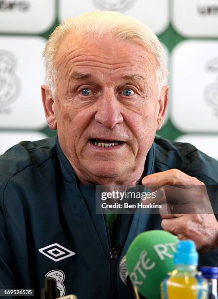 Head coach Giovanni Trapattoni of the Republic of Ireland speaks during a press conference at the Watford FC Training Ground on May 26, 2013 near St...