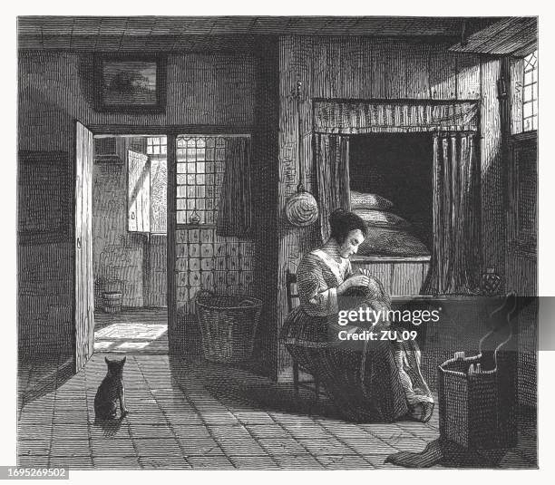 mother’s duty, painted by pieter de hooch, woodcut, published 1878 - louse stock illustrations