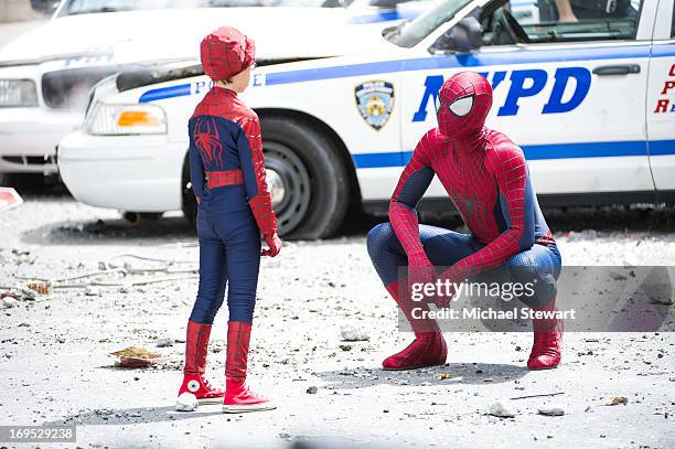 Actors Jorge Vegas and Andrew Garfield on the set of 'The Amazing Spider-Man 2' on May 26, 2013 in New York City.