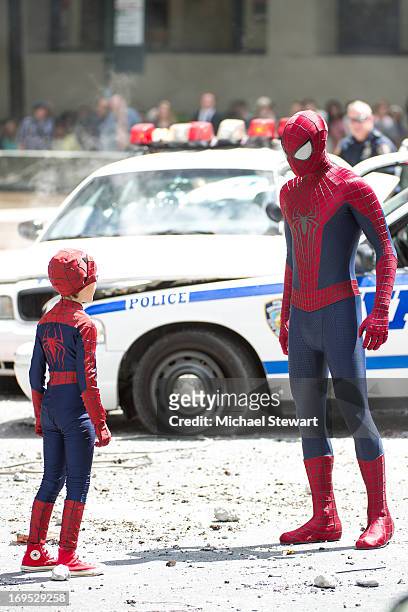 Actors Jorge Vegas and Andrew Garfield on the set of 'The Amazing Spider-Man 2' on May 26, 2013 in New York City.