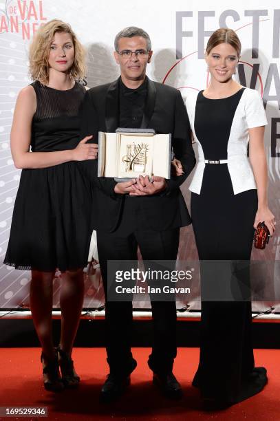 Actress Mona Walravens, director Abdellatif Kechiche and actress Lea Seydoux, winner of the 'Palme d'Or' for 'La Vie D'adele', attend the Palme D'Or...