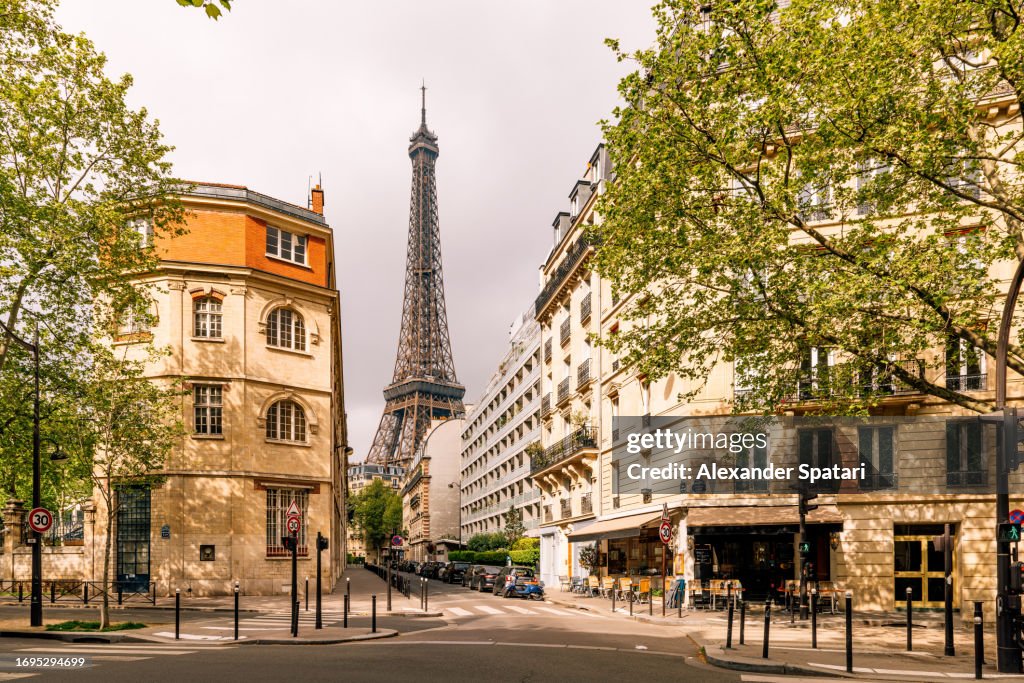 Street in Paris with Eiffel Tower, France