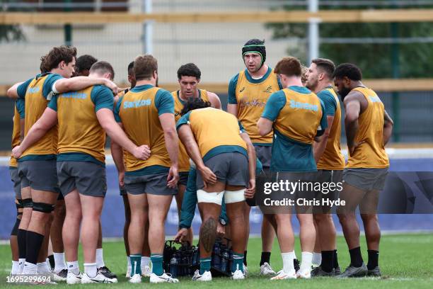 Team huddle during a Wallabies training session ahead of the Rugby World Cup France 2023, at Stade Roger Baudras on September 21, 2023 in...