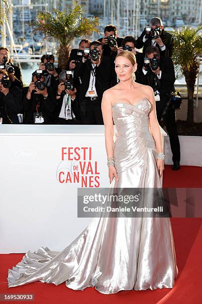 Actress Uma Thurman attends the Palme D'Or Winners Photocall during the 66th Annual Cannes Film Festival at Palais des Festivals on May 26, 2013 in...