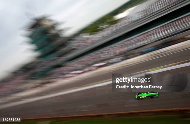 James Hinchcliffe of Canada, driver of the GoDaddy Chevrolet, races during the IZOD IndyCar Series 97th running of the Indianapolis 500 mile race at...