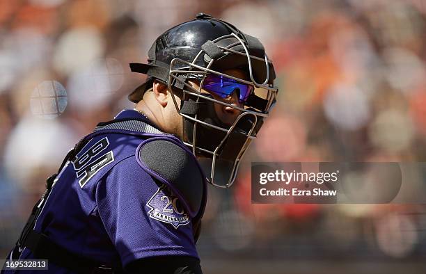 Yorvit Torrealba of the Colorado Rockies in action against the San Francisco Giants at AT&T Park on May 25, 2013 in San Francisco, California.