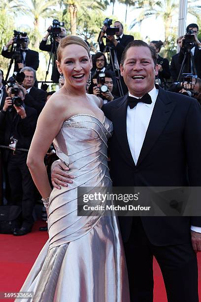 Uma Thurman and Arpad Busson attends the 'Zulu' Premiere and Closing Ceremony during the 66th Annual Cannes Film Festival at the Palais des Festival...