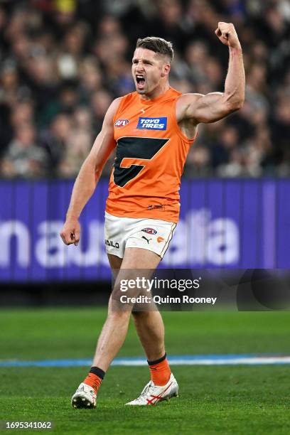 Jesse Hogan of the Giants celebrates kicking a goal during the AFL First Preliminary Final match between Collingwood Magpies and Greater Western...