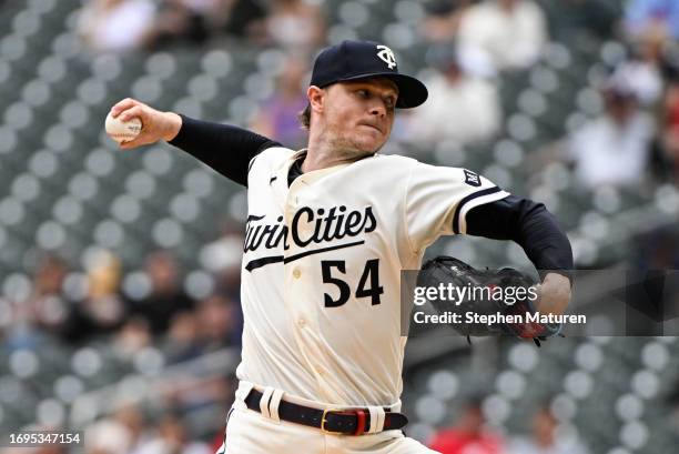 Sonny Gray of the Minnesota Twins pitches the ball in the first inning of the game against the Oakland Athletics at Target Field on September 28,...