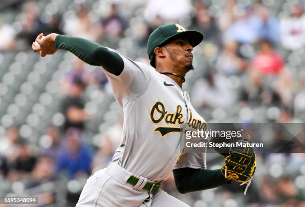 Luis Medina of the Oakland Athletics pitches in the first inning of the game against the Minnesota Twins at Target Field on September 28, 2023 in...