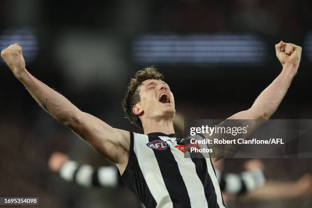 Brody Mihocek of the Magpies celebrates after th e Magpies defeated the Giants during the AFL First Preliminary Final match between Collingwood...