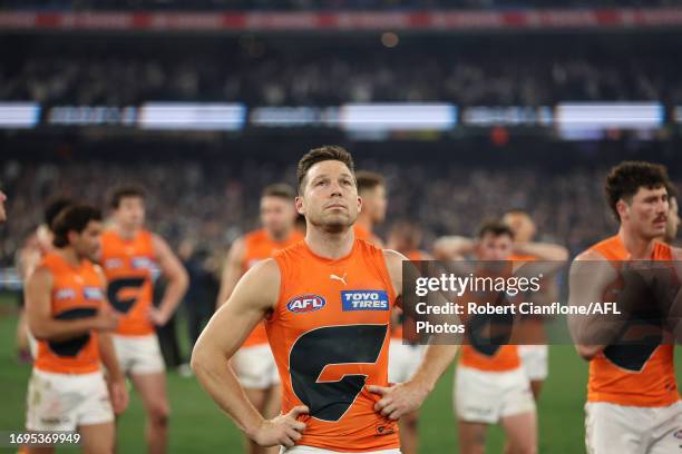 Toby Greene of the Giants is dejected after the Giants were defeated by the Magpies during the AFL First Preliminary Final match between Collingwood...