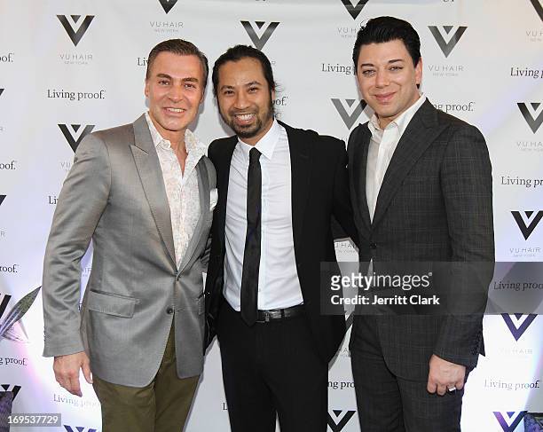 Designer Loris Diran, Salon owner Vu Nguyen and designer Malan Breton attends Vu Hair New York Opening Celebration at The Peninsula Hotel on May 16,...