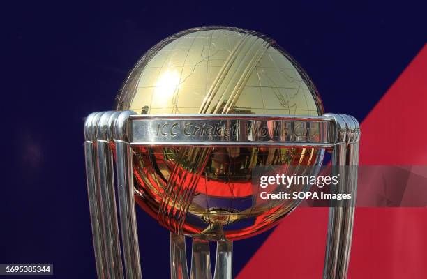 View of the ICC World Cup 2023 trophy, during its tour, at the Arun Jaitley Stadium. The 2023 ICC Men's Cricket World Cup starts from 5th...