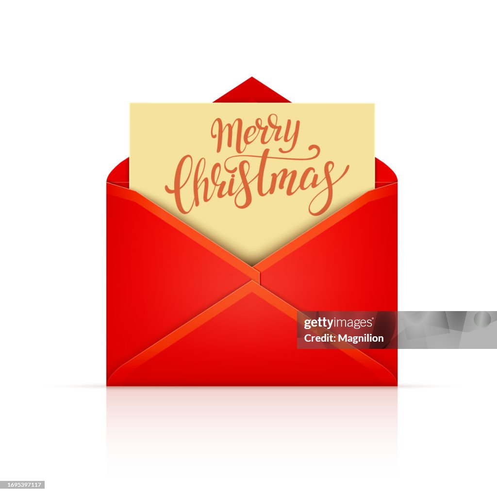 Red envelope with Manila letter on a white background and phrase Merry Christmas
