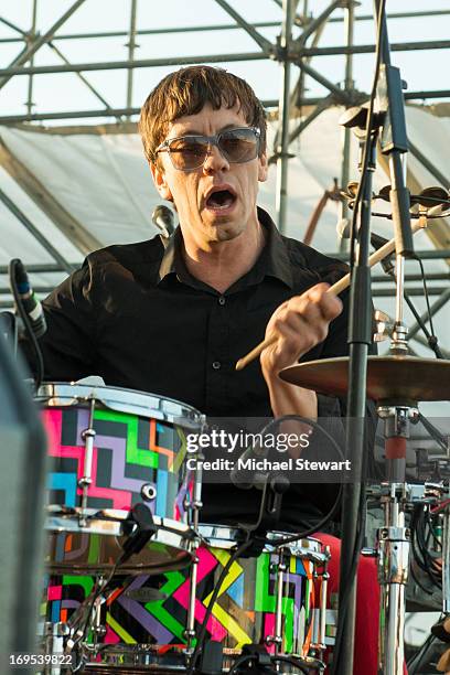 Musician Chris 'Pow Pow' Powell of Man Man performs at Williamsburg Park on May 26, 2013 in Brooklyn, New York.