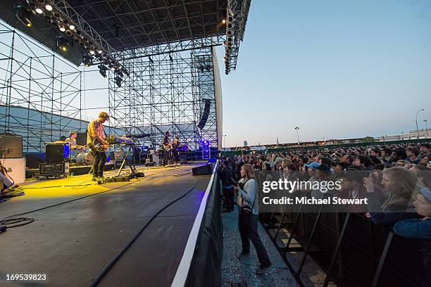 Musicians Joe Plummer, Mark Watrous, Yuuki Matthews, James Mercer and Richard Swift of The Shins perform at Williamsburg Park on May 26, 2013 in...