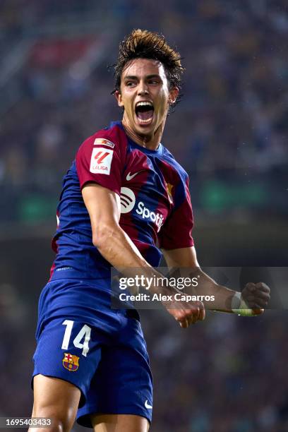 Joao Felix of FC Barcelona celebrates after scoring his team's first goal during the LaLiga EA Sports match between FC Barcelona and Real Betis at...