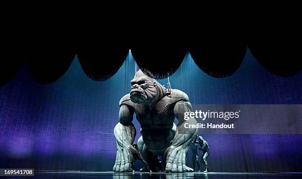 In this handout image provided by Global Creatures, King Kong performs on stage during a "King Kong" Production media call at the Regent Theatre on...