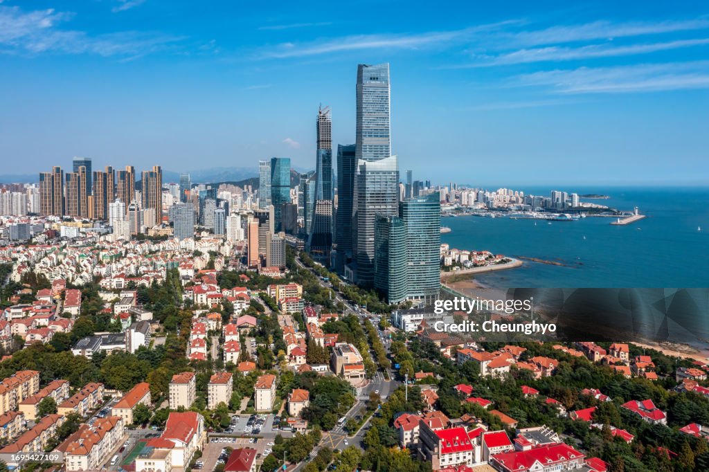 Drone Point View of the Eastern Coastal City of Qingdao, Shandong Province, China, East Asia