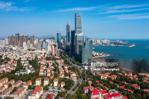 drone point view of the eastern coastal city of qingdao, shandong province, china, east asia - 青島 個照片及圖片檔
