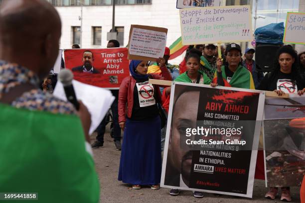 Supporters of the Amhara people protest against Ethiopia's Prime Minister Abiy Ahmed and the ongoing violence in the Amhara region of Ethiopia on...