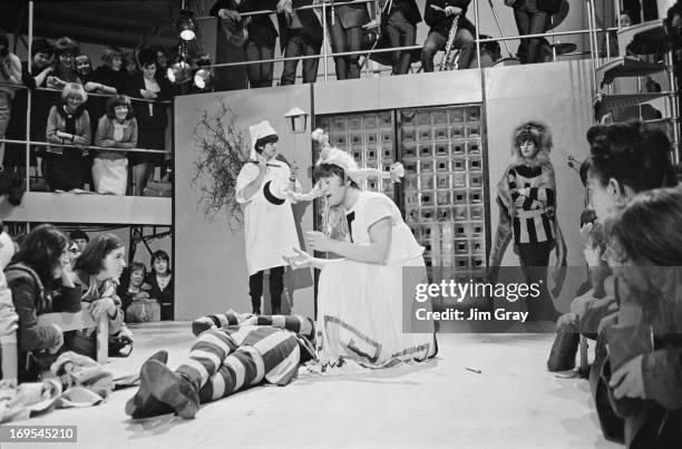 The Beatles rehearsing an excerpt from Shakespeare's 'A Midsummer Night's Dream' at the Rediffusion TV studios in Wembley, London, 27th April 1964....