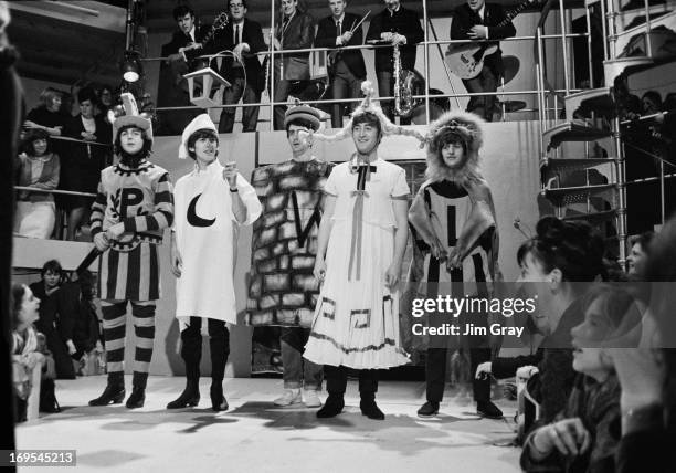 The Beatles rehearsing an excerpt from Shakespeare's 'A Midsummer Night's Dream' at the Rediffusion TV studios in Wembley, London, 27th April 1964....