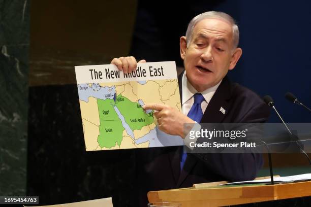 Prime Minister Benjamin Netanyahu addresses world leaders during the United Nations General Assembly on September 22, 2023 in New York City....