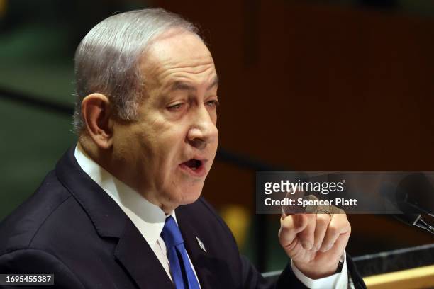Israeli Prime Minister Benjamin Netanyahu addresses world leaders during the United Nations General Assembly on September 22, 2023 in New York City....