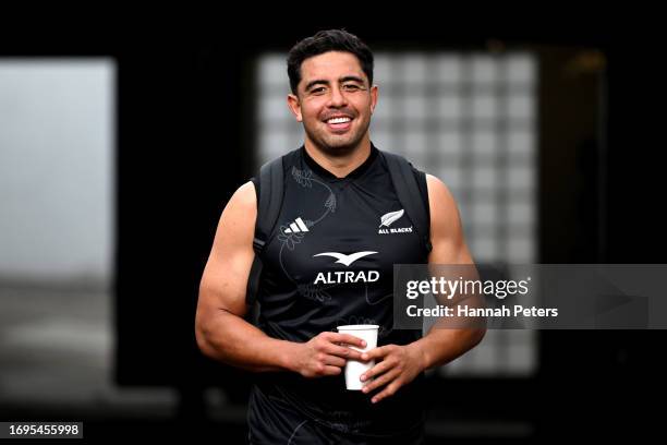 Anton Lienert-Brown of the All Blacks leaves a New Zealand All Blacks training session at Stade Jacques-Chaban-Delmas on September 22, 2023 in...