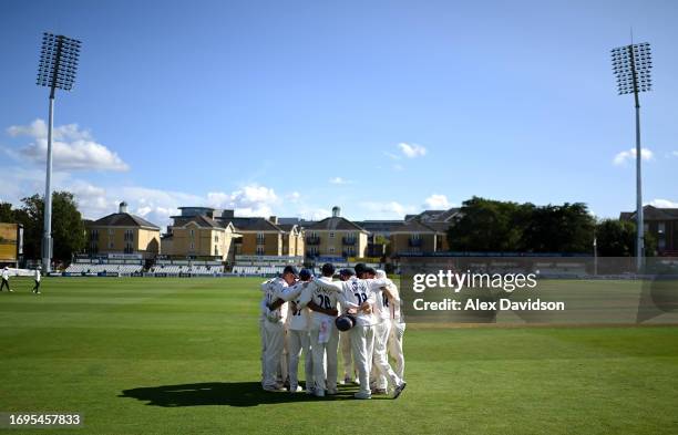 Essex huddle during Day Four of the LV= Insurance County Championship Division 1 match between Essex and Hampshire at the Cloud County Ground on...