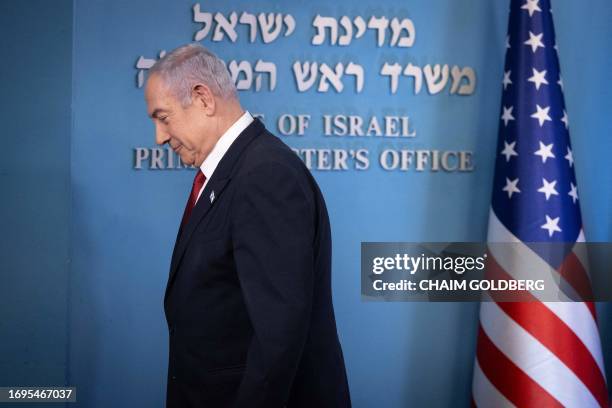 Israeli Prime Minister Benjamin Netanyahu walks off the podium after his speech at an event marking the acceptance of Israel into the United States...