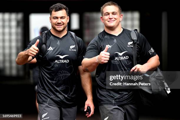 David Havilli and Ethan de Groot of the All Blacks leave a New Zealand All Blacks training session at Stade Jacques-Chaban-Delmas on September 22,...