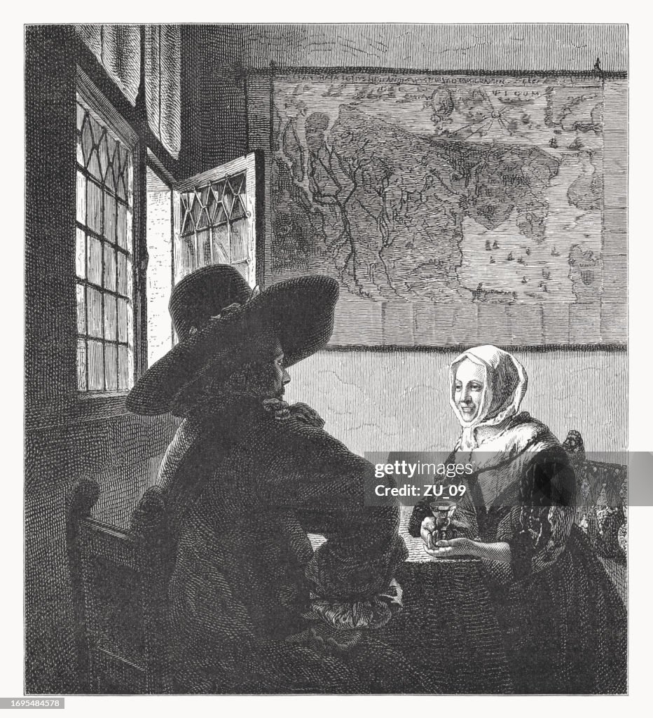 Officer and Laughing Girl, painted by Vermeer, woodcut, published 1878