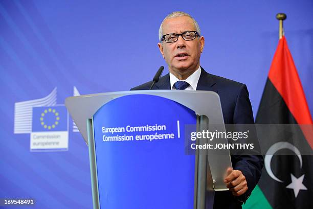 Ali Zeidan, Prime Minister of Lybia, speaks during a joint press conference with European Commission President, on May 27 after their bilateral...