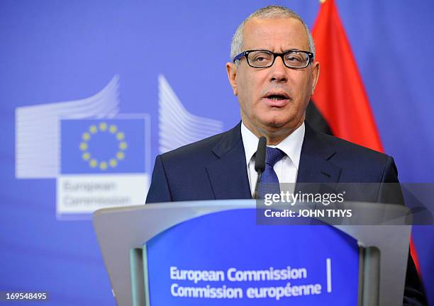 Ali Zeidan, Prime Minister of Lybia, speaks during a joint press conference with European Commission President, on May 27 after their bilateral...