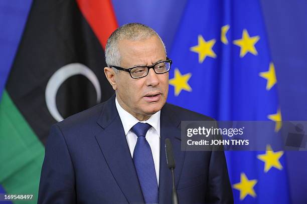 Ali Zeidan, Prime Minister of Lybia, speaks during a joint press conference with European Commission President, on May 27 after their bilateral...