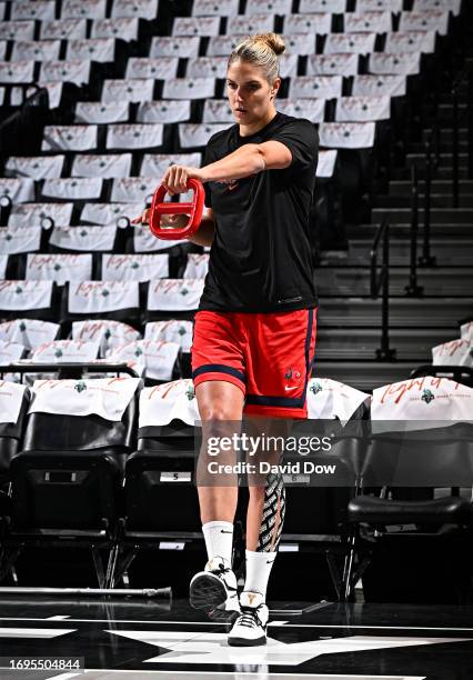 Elena Delle Donne of the Washington Mystics warms up pregame against the New York Liberty during round one game one of the 2023 WNBA Playoffs on...