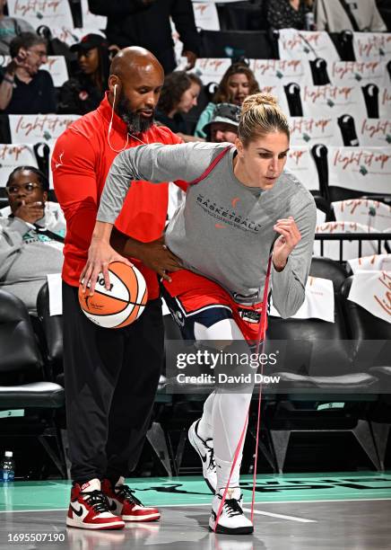 Elena Delle Donne of the Washington Mystics warms up against the New York Liberty during round one game one of the 2023 WNBA Playoffs on September...