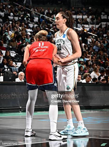 Elena Delle Donne of the Washington Mystics plays defense on Breanna Stewart of the New York Liberty during round one game one of the 2023 WNBA...