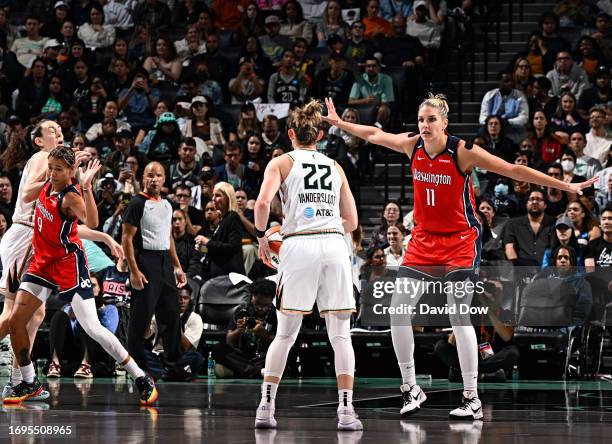 Elena Delle Donne of the Washington Mystics plays defense against the New York Liberty during round one game one of the 2023 WNBA Playoffs on...
