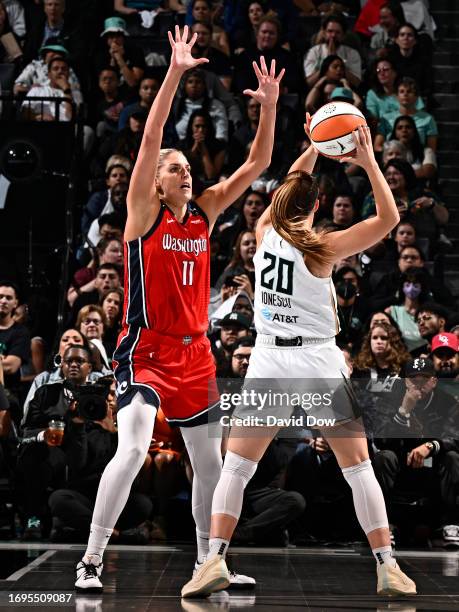 Elena Delle Donne of the Washington Mystics plays defense against Sabrina Ionescu of the New York Liberty during round one game one of the 2023 WNBA...